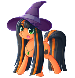 Size: 1280x1334 | Tagged: safe, artist:fluffymaiden, oc, oc only, oc:pumpkin spice, cute, hat, jewelry, long mane, looking at you, necklace, open mouth, simple background, smiling, solo, transparent background, witch hat