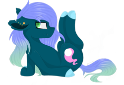 Size: 1024x699 | Tagged: safe, artist:cinnamontee, oc, oc only, oc:jibby star, earth pony, pony, ear piercing, earring, female, jewelry, mare, on back, piercing, simple background, solo, transparent background