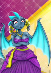 Size: 3541x5016 | Tagged: safe, artist:dinodraketakethecake, princess ember, anthro, dragon, absurd resolution, breasts, cleavage, clothes, crossed arms, dress, female, gala dress, jewelry, princess embreast, queen, solo