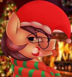 Size: 1024x1101 | Tagged: safe, artist:aidraws, oc, oc only, oc:ambiguity, earth pony, pony, candy, candy cane, clothes, food, glasses, hat, male, santa hat, scarf, solo, stallion, tongue out
