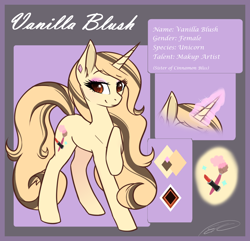 Size: 1062x1025 | Tagged: safe, artist:doekitty, oc, oc only, oc:vanilla blush, pony, unicorn, female, magic, mare, misspelling, reference sheet, solo