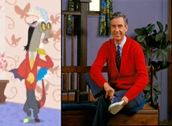 Size: 989x722 | Tagged: safe, discord, discordant harmony, clothes, comparison, mister rogers