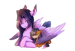 Size: 1600x1097 | Tagged: safe, artist:myralilth, oc, oc only, oc:fawn, oc:quiyl, pegasus, pony, female, filly, mare, prone, simple background, transparent background, wing blanket