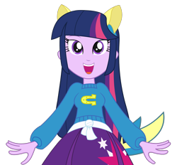 Size: 1458x1354 | Tagged: safe, artist:negasun, twilight sparkle, equestria girls, equestria girls (movie), clothes, cute, helping twilight win the crown, looking at you, open mouth, pony ears, simple background, skirt, solo, sweater, transparent background, vector, wondercolts, wondercolts uniform