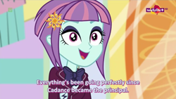 Size: 1366x768 | Tagged: safe, screencap, sunny flare, dance magic, equestria girls, spoiler:eqg specials, clothes, crystal prep, crystal prep academy uniform, female, implied princess cadance, principal cadance, school uniform, solo, subtitles, teletoon