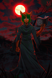 Size: 900x1355 | Tagged: safe, artist:margony, oc, oc only, anthro, blood moon, book, clothes, gloves, looking at you, moon, necromancer, scenery, solo, spellbook, stars, tree