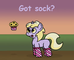 Size: 851x693 | Tagged: safe, artist:gogglesparks, dinky hooves, clothes, food, muffin, sock, socks, solo, striped socks