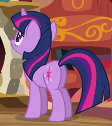 Size: 450x509 | Tagged: safe, screencap, twilight sparkle, unicorn twilight, pony, unicorn, magical mystery cure, butt, cropped, female, mare, plot, solo, twibutt