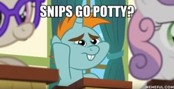 Size: 600x306 | Tagged: safe, edit, edited screencap, screencap, snips, pony, unicorn, the cart before the ponies, colt, image macro, justice friends, male, meme