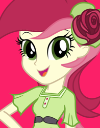 Size: 434x554 | Tagged: safe, roseluck, equestria girls, bust, flower, flower in hair, looking at you, official, open mouth, red background, simple background, smiling, solo