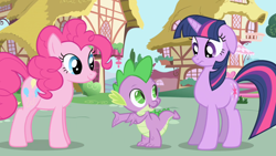 Size: 1280x720 | Tagged: safe, derpibooru import, screencap, pinkie pie, spike, twilight sparkle, dragon, earth pony, pony, friendship is magic, cropped, pinkie pie and twilight sparkle first meeting