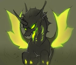 Size: 2520x2160 | Tagged: safe, artist:xsissa, changeling, fangs, forked tongue, glow, glowing eyes, green changeling, open mouth, sketch, solo