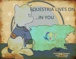 Size: 2600x2000 | Tagged: safe, artist:starrypallet, oc, oc only, oc:littlepip, pony, unicorn, fallout equestria, clothes, fallout 4, fanfic, fanfic art, female, hooves, horn, map, mare, pipbuck, poster, solo, vault suit