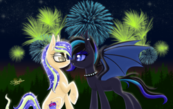 Size: 1000x630 | Tagged: safe, artist:unisoleil, oc, oc only, oc:sapphire phoenix, bat pony, earth pony, pony, boop, female, fireworks, lesbian, noseboop, oc x oc, shipping