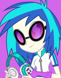 Size: 434x554 | Tagged: safe, dj pon-3, vinyl scratch, equestria girls, headphones, official, purple background, simple background, smiling, solo