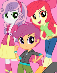 Size: 434x554 | Tagged: safe, apple bloom, scootaloo, sweetie belle, equestria girls, adorabloom, cute, cutealoo, cutie mark crusaders, diasweetes, hasbro, official, trio