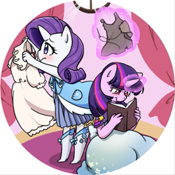 Size: 531x530 | Tagged: safe, artist:yukandasama, derpibooru import, rarity, twilight sparkle, anthro, plantigrade anthro, unicorn, book, boots, clothes, dress, female, magic, mare