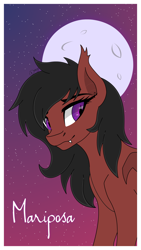 Size: 1080x1920 | Tagged: safe, artist:omega-the-batpony, oc, oc only, oc:mariposa, bat pony, pony, ear fluff, fangs, moon, night, night sky, solo, stars