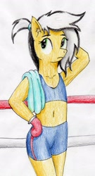 Size: 1503x2786 | Tagged: safe, artist:40kponyguy, derpibooru exclusive, oc, oc only, oc:uppercute, anthro, earth pony, semi-anthro, armpits, belly button, boxing glove, clothes, female, mare, midriff, simple background, solo, sports bra, sports shorts, towel, traditional art, white background