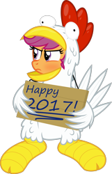 Size: 3000x4648 | Tagged: safe, artist:sollace, scootaloo, chicken, pony, 2017, absurd resolution, angry, animal costume, chicken suit, clothes, costume, cute, cutealoo, grumpy, looking away, new year, scootachicken, scootaloo is not amused, sign, silly, silly pony, simple background, solo, transparent background, unamused, vector, year of the rooster