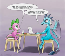 Size: 1121x968 | Tagged: safe, artist:el-yeguero, princess ember, spike, dragon, book, bowl, comic, computer, dialogue, gem, glass, just friends, laptop computer, looking at each other, milk, open mouth, sitting, smiling, spread wings, stool, table, wings