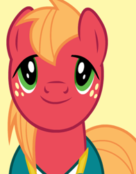 Size: 434x554 | Tagged: safe, big macintosh, earth pony, pony, bust, lidded eyes, looking at you, male, official, simple background, smiling, solo, yellow background