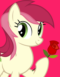 Size: 434x554 | Tagged: safe, roseluck, earth pony, pony, dexterous hooves, flower, official, red background, rose, simple background, smiling, solo