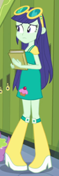 Size: 244x718 | Tagged: safe, screencap, blueberry cake, dog, equestria girls, equestria girls (movie), boots, cropped, cupcake, female, food, glasses, high heel boots, lockers, notebook, solo