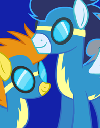 Size: 434x554 | Tagged: safe, blaze, soarin', pegasus, pony, blue background, duo, official, simple background, smiling, spread wings, wings