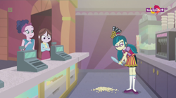 Size: 1136x638 | Tagged: safe, screencap, juniper montage, velvet sky, equestria girls, mirror magic, spoiler:eqg specials, background human, canterlot mall, cash register, cinema, confused, crossed arms, female, food, glasses, mirror, popcorn, teletoon