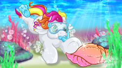 Size: 1920x1080 | Tagged: safe, artist:anscathmarcach, pony, g3, baby honolu-loo, complex background, goggles, ocean, snorkeling, solo, swimming, underwater