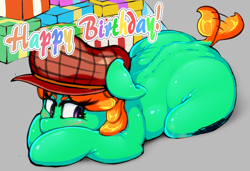 Size: 1280x874 | Tagged: safe, artist:theobrobine, oc, oc only, oc:spoil waste, earth pony, pony, birthday, blushing, dock, female, filly, foal, hat, present, simple background, solo