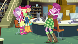 Size: 1920x1080 | Tagged: safe, screencap, apple bloom, cheerilee, scootaloo, sweetie belle, equestria girls, book, bookshelf, chair, computer, cutie mark crusaders, monitor, speaker, stairs