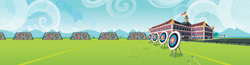 Size: 1920x500 | Tagged: safe, equestria girls, friendship games, archery, background, building, canterlot high, field, mountain, official, target