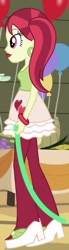 Size: 137x498 | Tagged: safe, screencap, rose heart, equestria girls, equestria girls (movie), balloon, bracelet, clothes, corn, cropped, ear piercing, earring, female, food, grapes, heart, high heels, jewelry, piercing, skirt, solo focus, streamers, table