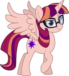 Size: 2147x2342 | Tagged: safe, artist:namygaga, oc, oc only, oc:violet sunrise, alicorn, pony, alicorn oc, female, glasses, looking at you, magical lesbian spawn, mare, next generation, offspring, parent:sci-twi, parent:sunset shimmer, parent:twilight sparkle, parents:scitwishimmer, parents:sunsetsparkle, raised hoof, simple background, smiling, transparent background, vector