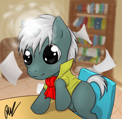 Size: 1008x981 | Tagged: safe, artist:e-pon, derpibooru exclusive, oc, oc only, oc:myst, pony, unicorn, bookshelf, clothes, cravat, foal, magic, paper, solo