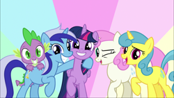 Size: 1920x1080 | Tagged: safe, screencap, lemon hearts, minuette, spike, twilight sparkle, twilight sparkle (alicorn), twinkleshine, alicorn, dragon, pony, unicorn, amending fences, grin, looking at you, one eye closed, raised hoof, smiling, wink