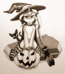 Size: 958x1080 | Tagged: safe, artist:vincher, oc, oc only, oc:vincher, cat, pony, unicorn, broom, cape, casket, clothes, female, hat, jack-o-lantern, mare, monochrome, pumpkin, socks, solo, striped socks, traditional art, witch hat