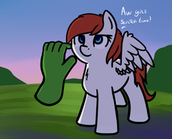 Size: 833x673 | Tagged: safe, artist:neuro, oc, oc only, oc:anon, oc:feather scarf, pegasus, pony, chest fluff, colored pupils, dialogue, disembodied hand, female, hand, mare, offscreen character, scratching, solo focus, spread wings, wings