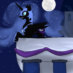 Size: 1500x1500 | Tagged: safe, artist:densunes, nightmare moon, alicorn, pony, balcony, grin, mare in the moon, moon, night, smiling, solo, stars