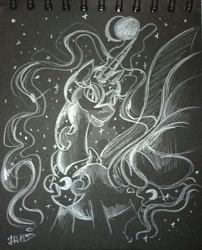 Size: 1024x1267 | Tagged: safe, artist:jamoka-rai-kou, nightmare moon, monochrome, moon, solo, traditional art, watermark