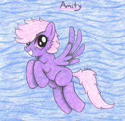 Size: 2255x2190 | Tagged: safe, artist:bio-iridescence, oc, oc only, oc:amity, pegasus, pony, art trade, female, flying, grin, mare, smiling, solo, traditional art