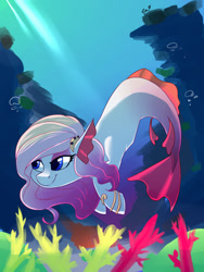 Size: 900x1200 | Tagged: safe, artist:passigcamel, oc, oc only, oc:cordelia, merpony, pony, bracelet, bubble, commission, jewelry, lidded eyes, smiling, solo, sunlight, swimming, underwater