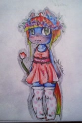 Size: 640x960 | Tagged: safe, artist:alicekuzmacat, oc, oc only, oc:melon drop, semi-anthro, clothes, dress, floral head wreath, photo, socks, solo, traditional art