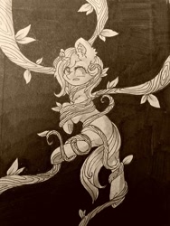 Size: 960x1280 | Tagged: safe, artist:vincher, oc, oc only, pony, unicorn, black vine, female, mare, monochrome, solo, traditional art