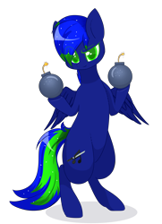 Size: 3000x4145 | Tagged: safe, artist:little-sketches, oc, oc only, oc:audio jack, pegasus, pony, absurd resolution, bipedal, bomb, colored pupils, eye clipping through hair, high res, male, simple background, solo, stallion, transparent background, weapon