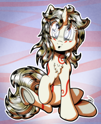 Size: 3104x3800 | Tagged: safe, artist:gray--day, oc, oc only, oc:hikari, pony, unicorn, interesting, looking at you, open mouth, raised hoof, signature, sitting, solo, staring into your soul, underhoof