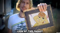 Size: 941x522 | Tagged: safe, feather bangs, human, hard to say anything, caption, exploitable meme, faggot, flower, irl, irl human, look at this photograph, meme, nickelback, photo, slur, smiling, vulgar