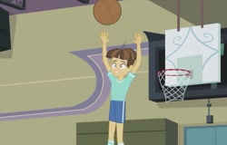 Size: 751x480 | Tagged: safe, screencap, wiz kid, equestria girls, friendship games, photo finished, basketball, basketball net, clothes, hand's in the air, short, shorts, socks, solo